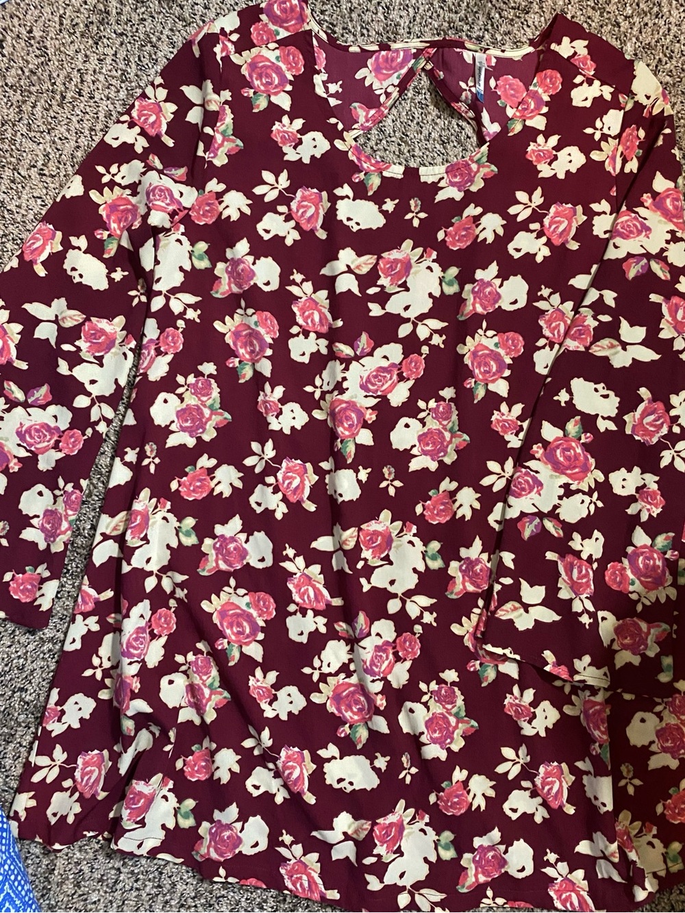 Wallflower Burgundy Floral Keyhole Neck Long Bell Sleeve Mini Dress
